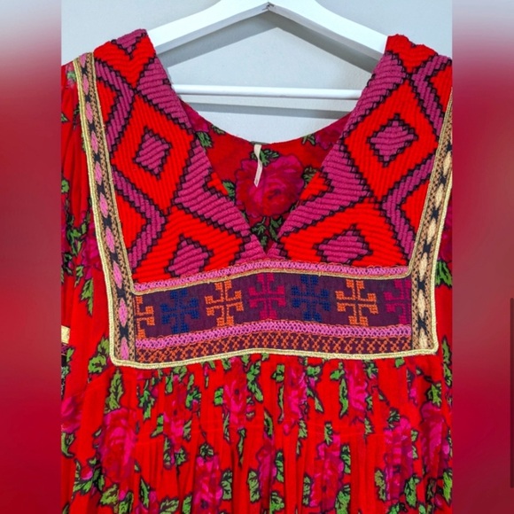 Free People Bold Blooms Red Rose V Neck Embroidered Maxi Dress XS - Picture 5 of 9